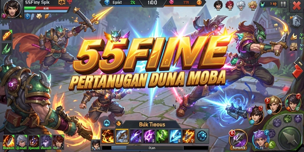 Screenshot dari gameplay seru 55FIVE yang menunjukkan aksi pertempuran MOBA.