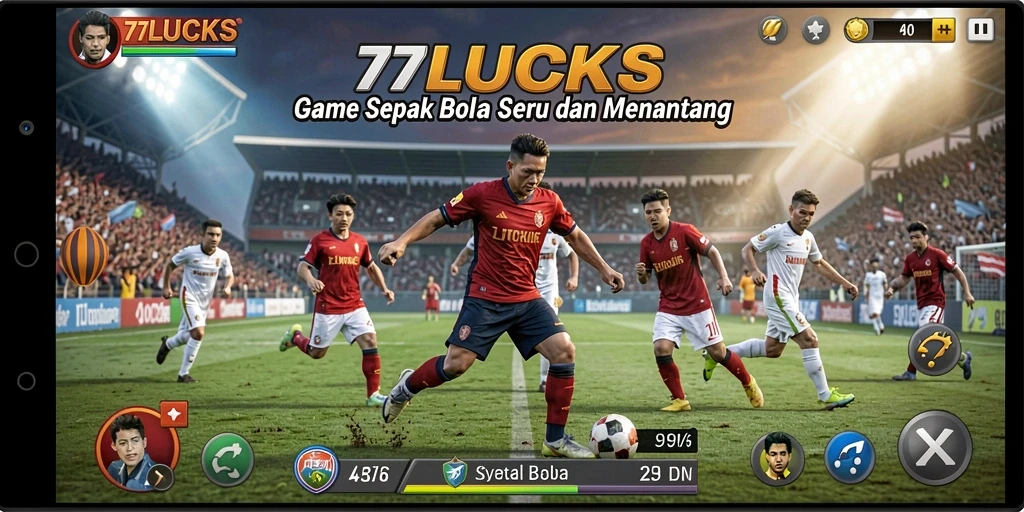 Tampilan utama gameplay <strong>77LUCKS</strong> dengan aksi sepenuh lapangan.