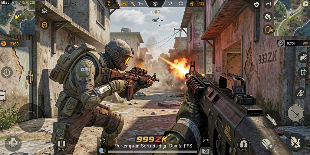 Tangkapan layar mendebarkan dari gameplay 999ZK dengan aksi FPS intens.