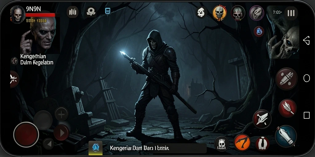 Gameplay 9N9N menegangkan dengan atmosfer mencekam dan efek suara menyeramkan.