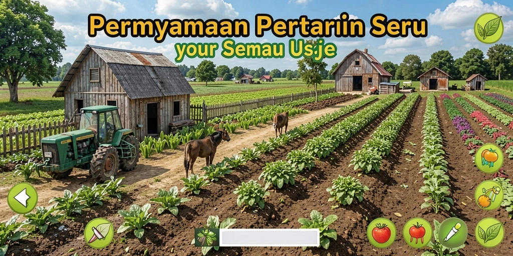 Tampilan gameplay HARAPJP dengan ladang subur dan hewan ternak yang aktif.