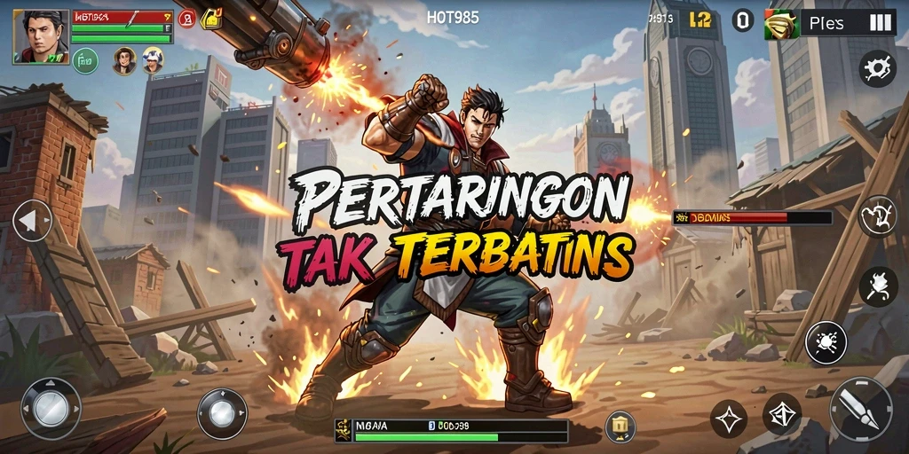 Tangkapan layar utama HOT985 menampilkan aksi pertarungan yang intens.