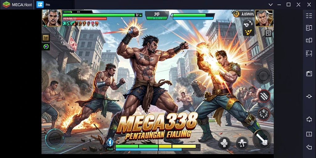 Screenshot utama MEGA338 menampilkan aksi pertarungan yang mendebarkan.