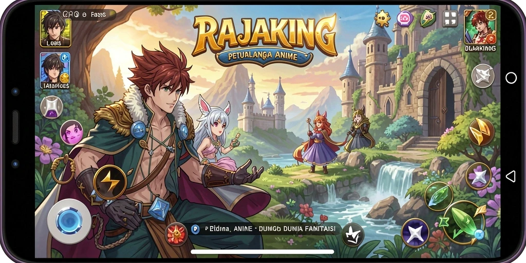 Tampilan gameplay RAJAKING dengan karakter anime yang memukau dan aksi seru.