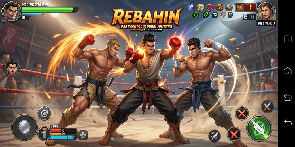 Tangkapan layar pertarungan epik dalam REBAHIN dengan karakter beraksi.