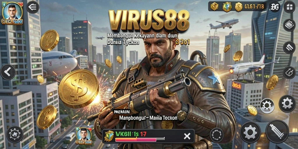 Tangkapan layar gameplay <strong>VIRUS88</strong> menunjukkan suasana kompetitif dan manajemen strategis dalam dunia Tycoon.